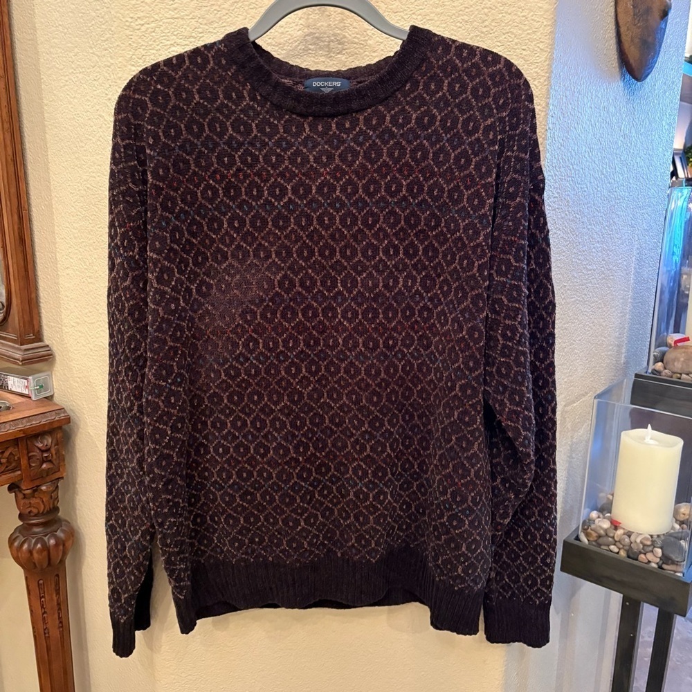 Vintage DOCKERS Men Geometric Brown Earthy Color Pattern Sweater Size Medium